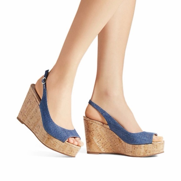 Stuart Weitzman Riviera Blue Denim Wedge Sandals 8 - Picture 1 of 8